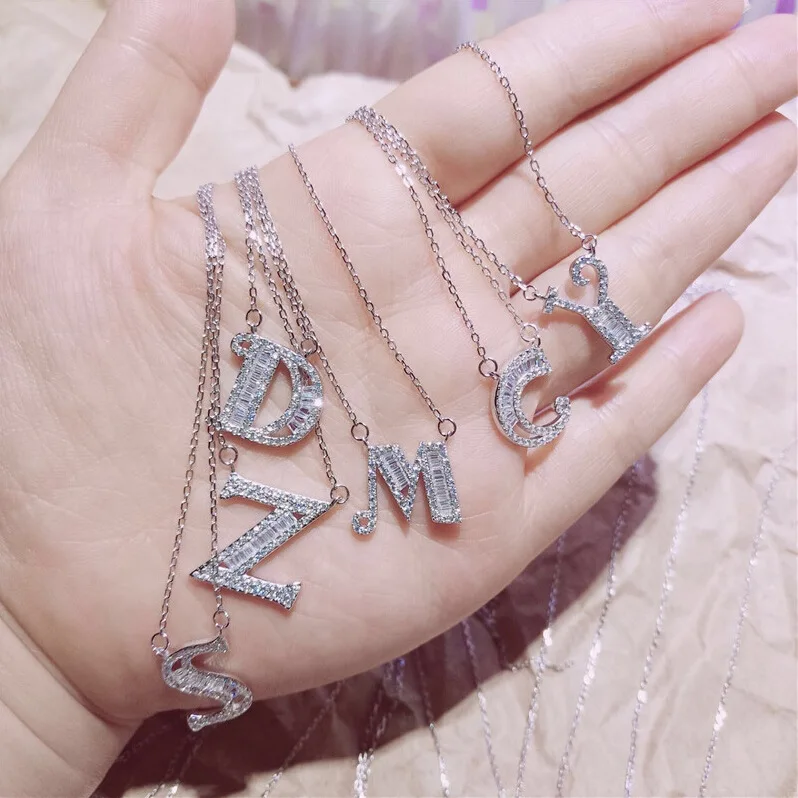 

Korean bling diamond 26 letters hip hop sterling silver plated initial letter pendant necklace