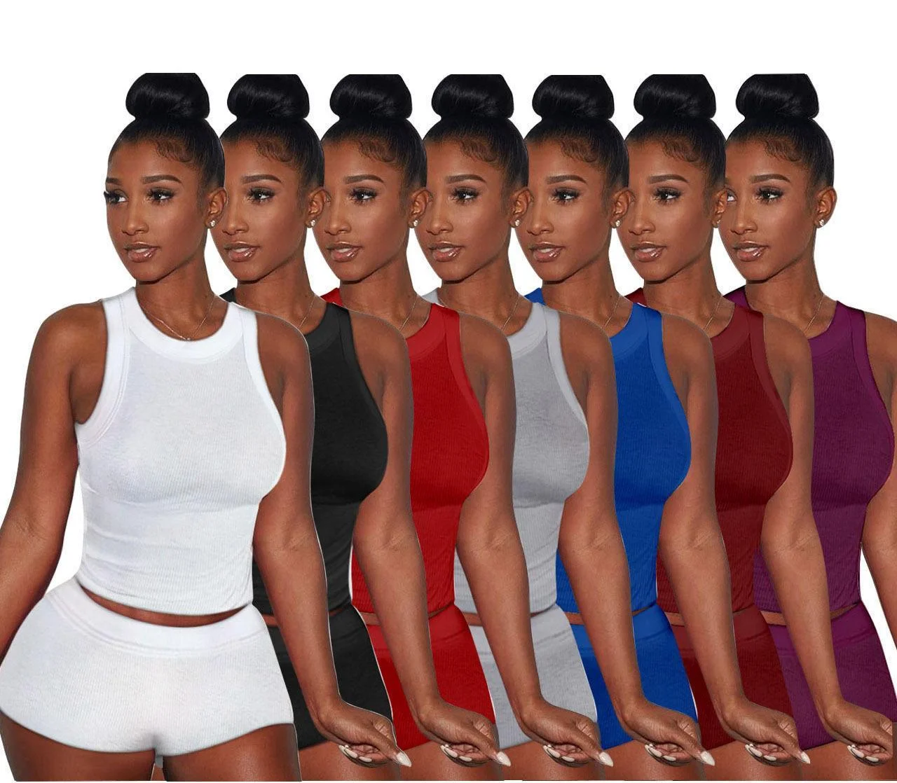 

Amazon Wholesale Sexy Solid Color Vest Shorts Tracksuit Splicing Sleeveless Outfits Tight Slim Fit Two Piece Short Set, Shown