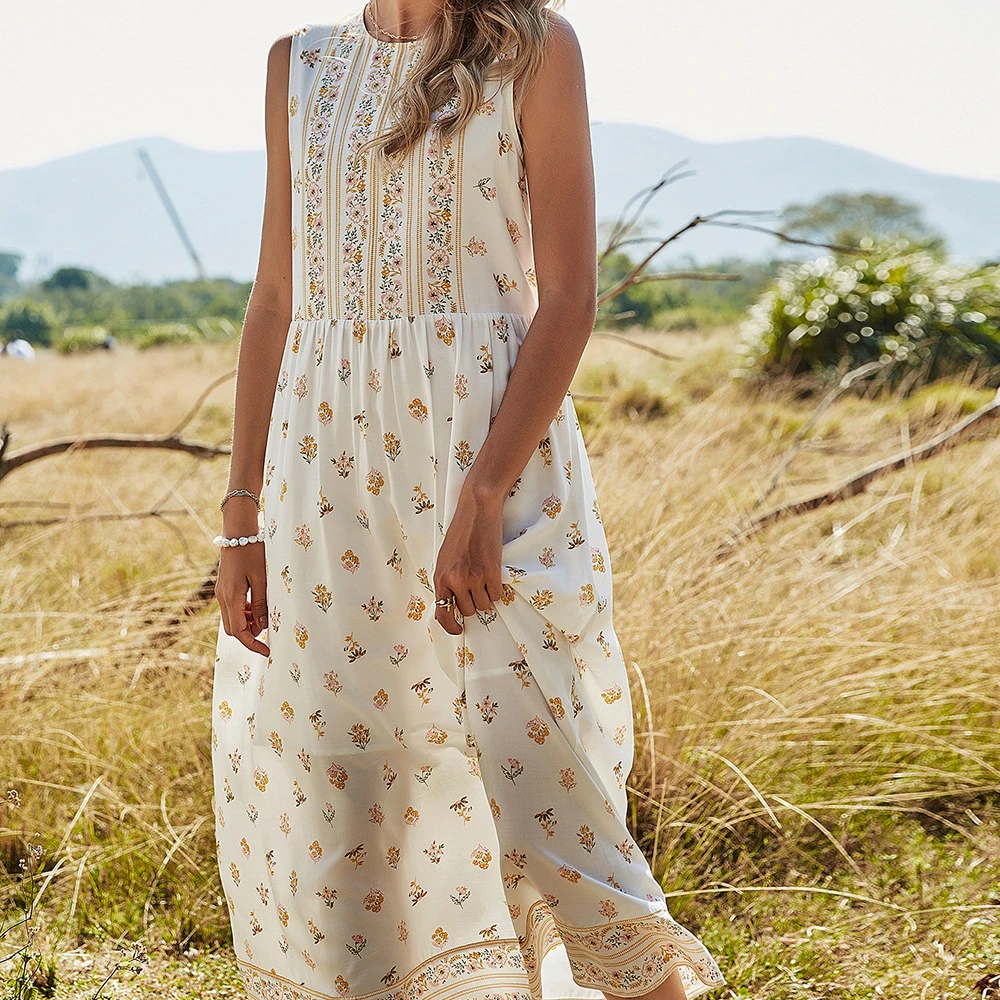 

New Arrival 2021 Summer Women's Casual Maxi Dress Floral Printed A-line Skirt With Sleeveless