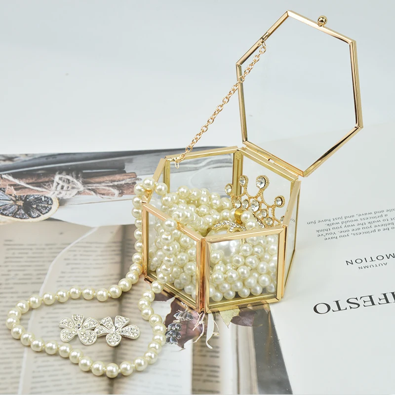 

Morden Style Metal & Clear Glass Gold Box Jewelry Display Case' Estilo Vintage Metal & Clear Glass Box Vitrine de Joias