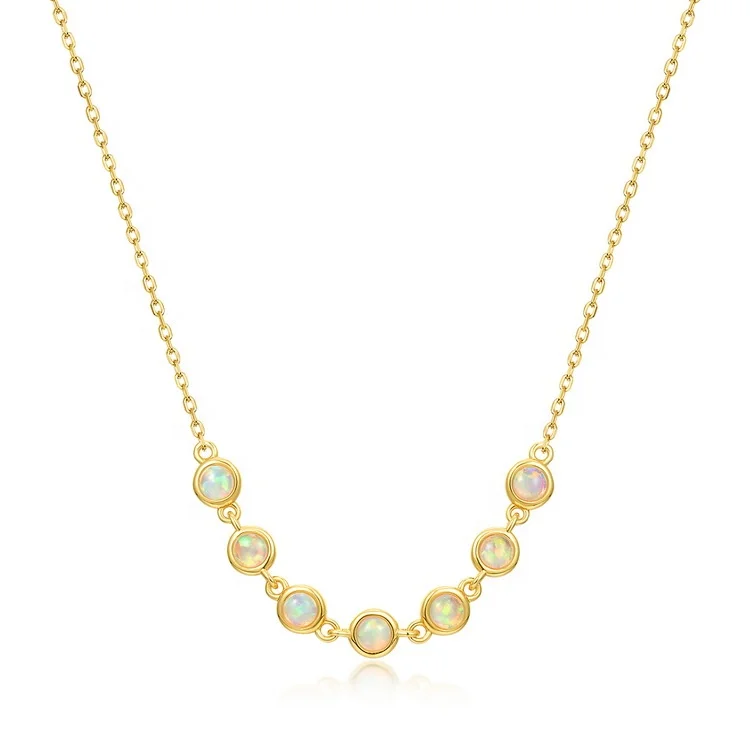 

925 Sterling Silver Synthetic Opals Necklace Dainty Gold Plated Seven Stone Necklace
