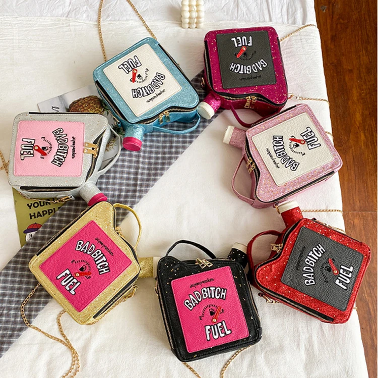 

embroidery letter gasoline bottle shape ladies pu leather chain handbag purse