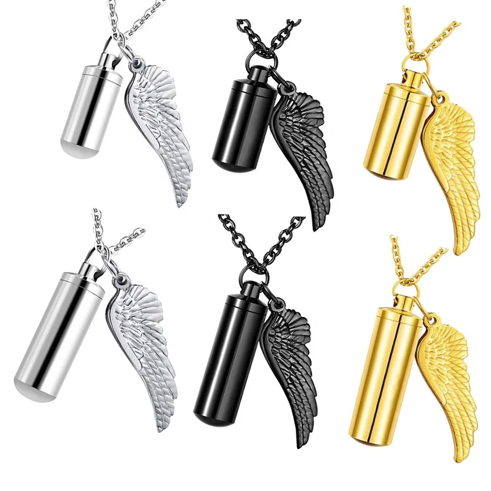 

Stainless Steel Cylinder Cremation Urn Necklace for Ashes Memorial Keepsake Pendant with Angel Wing,Remembrance Gift,3 colors, As picture shows