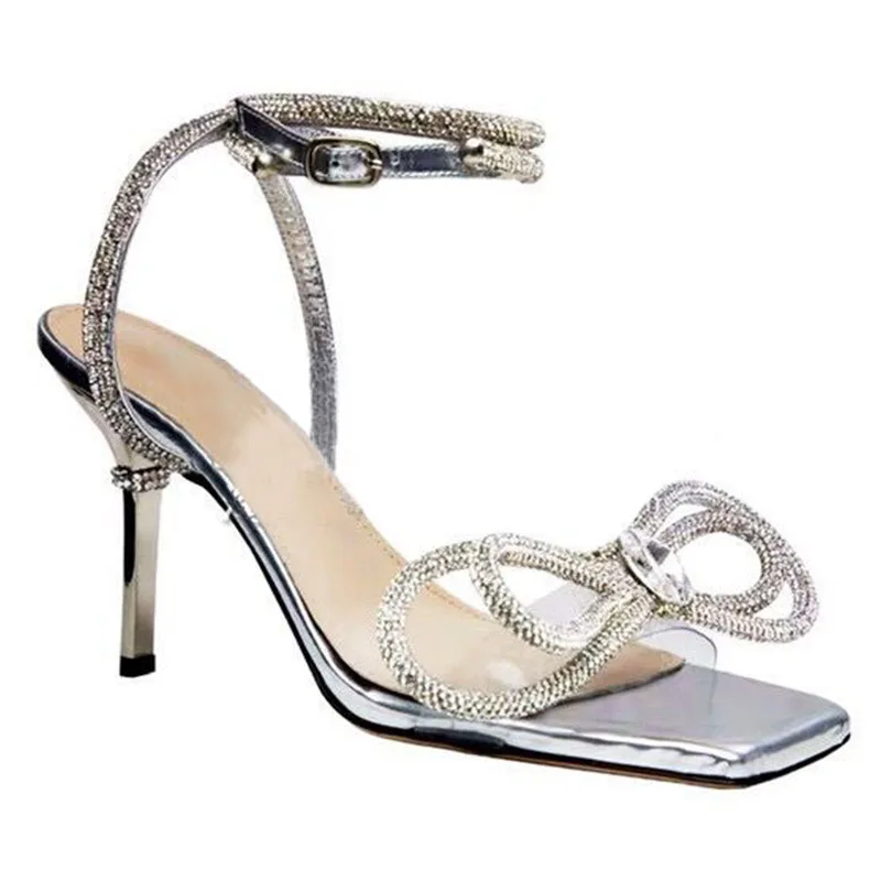 

Bow Knot Sandales Talon Femme Ankle Cross Strap Bling Elegant Trendy Summer Silver Square Toe Woman High Heel Pump Shoe