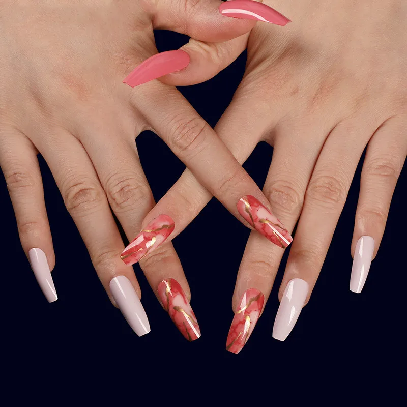 

24 pieces of Artificial fingernails Blooming gold pink garnet red trapezoid ballet false nails