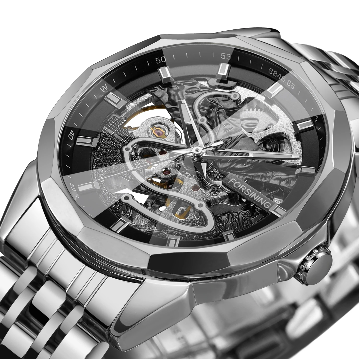 Forsining New Design Stainless Steel Strap Luxury Automatic Mechanical Watch 3D Hollow Out Men Luminous Wholesale Wrist Watches