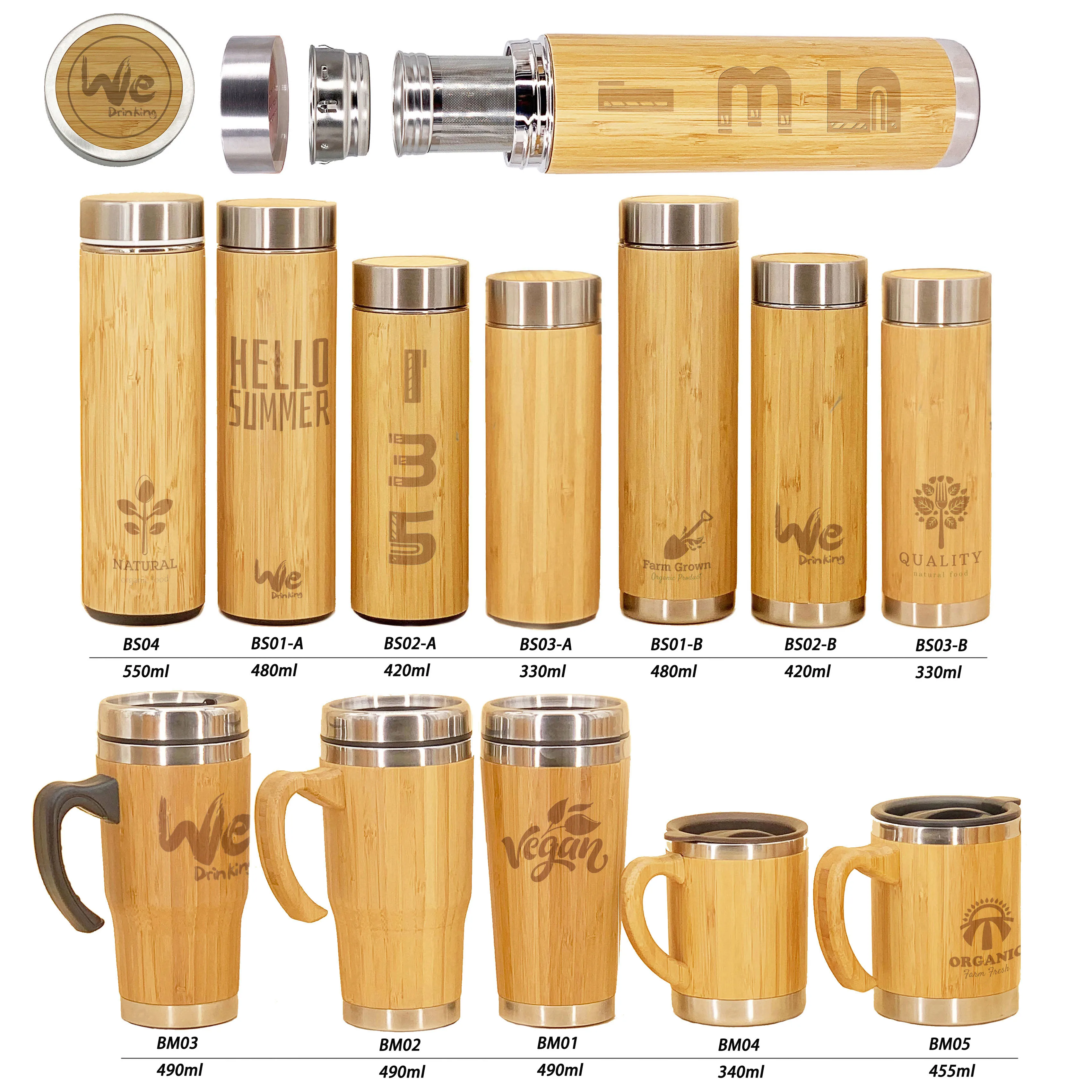 BS04 550ml Original Natural Vacuum Insulated Bamboo Flask  with Tea Infuser and Strainer