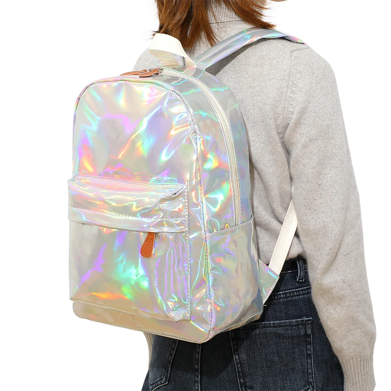 

New design fashion women teenagers backpack casual pu waterproof reflective school holographic backpack, Black,pink,silver,blue