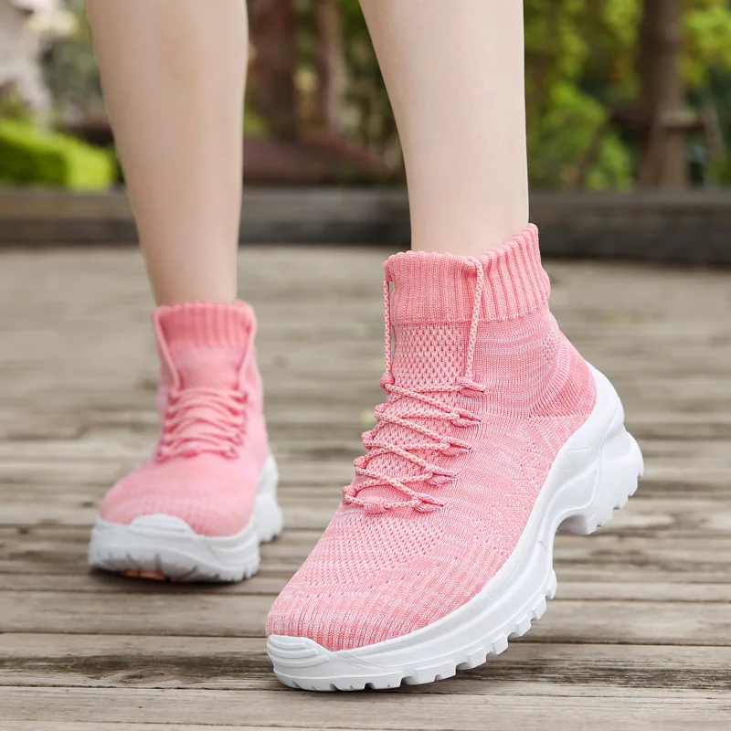 

Cross-border hot sale flying woven breathable high top women's shoes casual sports sneakers women's heightening socks shoes