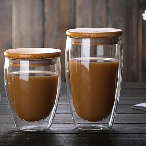 

heat-resistant juice high borosilicate double wall glass coffee drinking cup with bamboo/glass lid