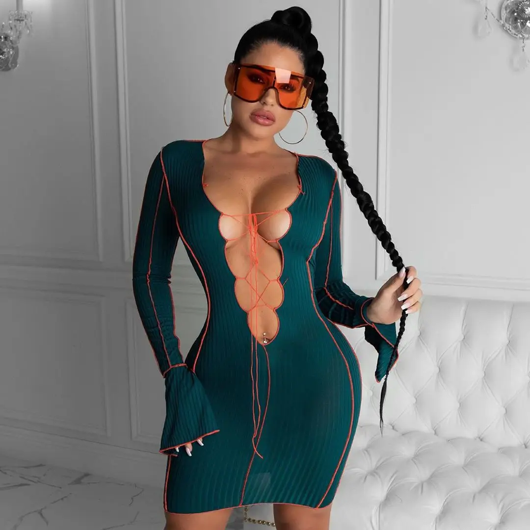 

Women new hot sale fashion high quality V-neck strap flared sleeve sexy dress