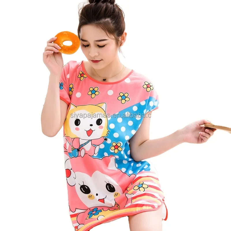 

summer milk fiber women's sleepwear skirt women short sleeve pajamas cartoon cute printing gown pyjamas night pijamas for woman