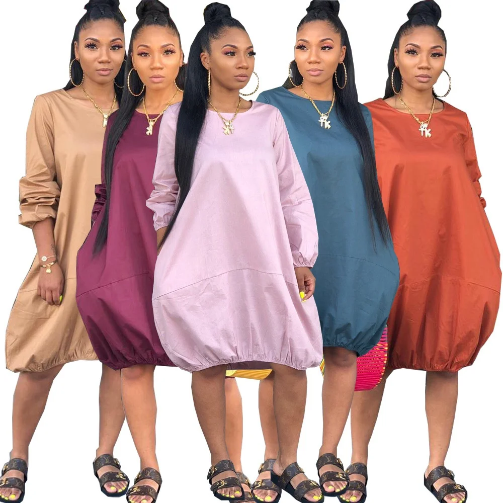 

AI141-6818 2020 New Arrivals Fashion Women Casual O-Neck Short Sleeve Pockets Above Knee Length Solid Mini T-shirt Dress