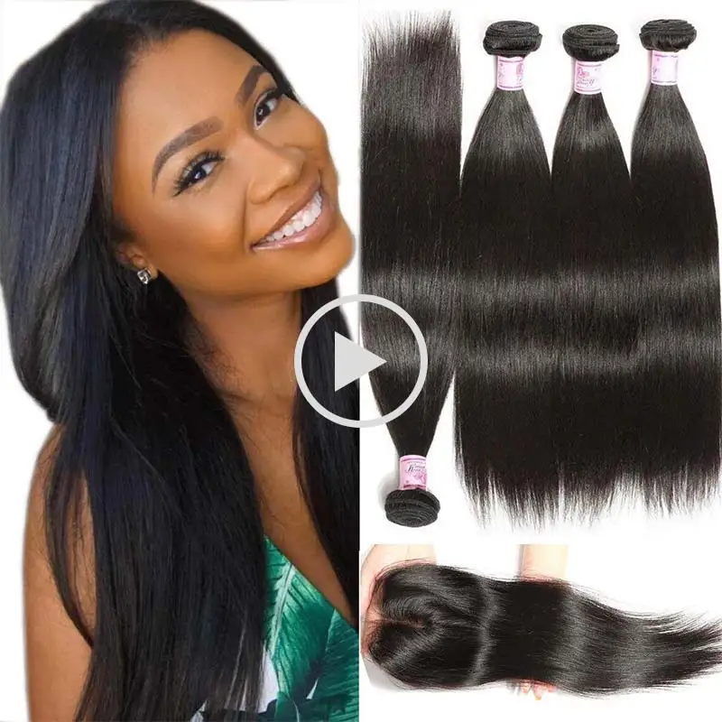 

Straight grade 11a virgin hair bundles with closure natural color