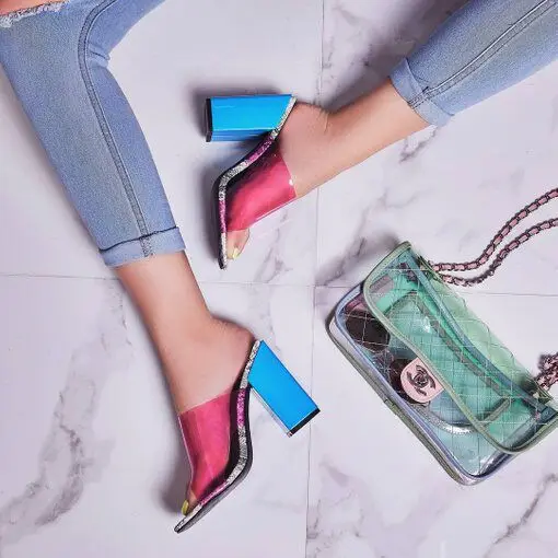 

hot style candy color transparent film thick heel high heel slippers fashion sandals