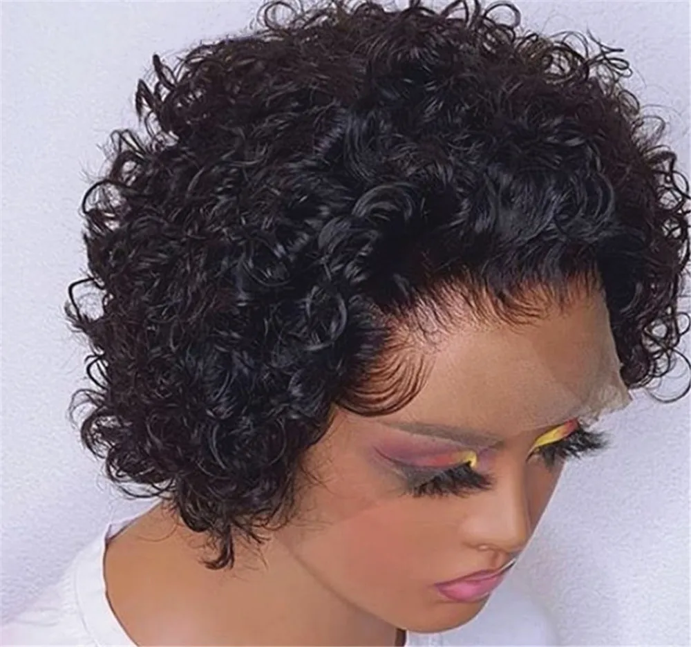 

Glueless Short Pixie Curly Bleached Knots Virgin Remy Brazilian Pixie Cut Wig Human Hair With Baby Hair, Ombre color