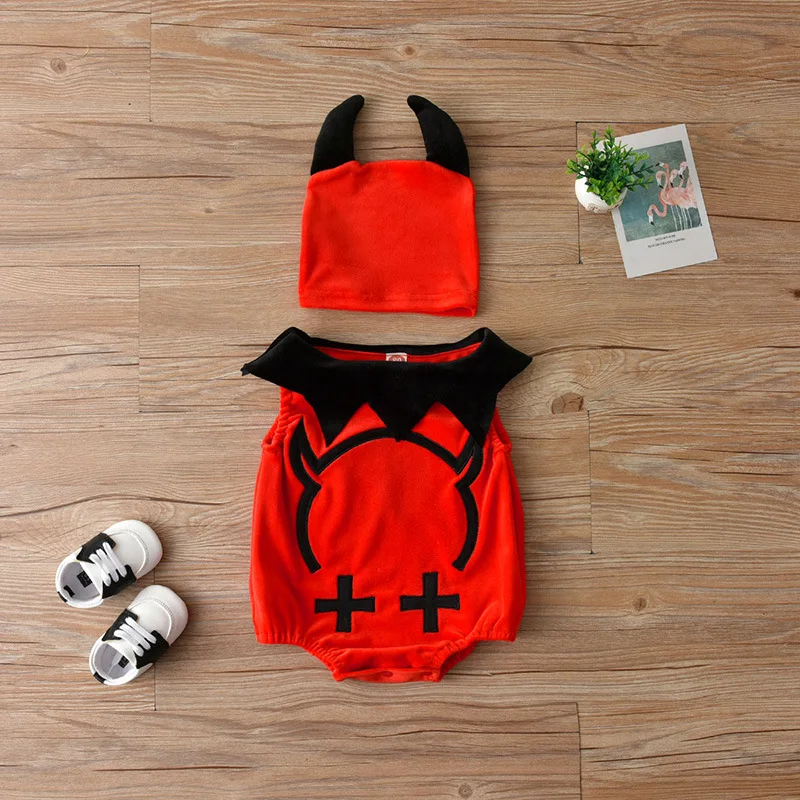 

5774 Baby Boy Girls Clothing Halloween Toddler Kid Pumpkin Print Sleeveless Romper Jumpsuits Tops+Hats Infant Clothes Cosplay