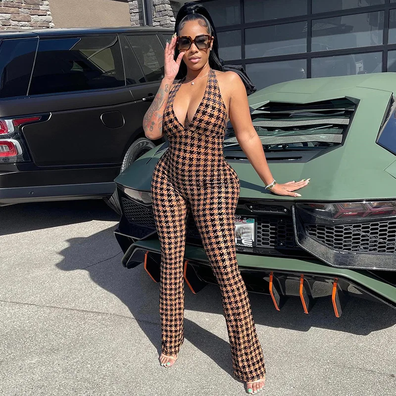 

2022 Hot Sell Women's Jumpsuit Sexy Halter Grid Romper Women One Piece Corset Jumpsuit