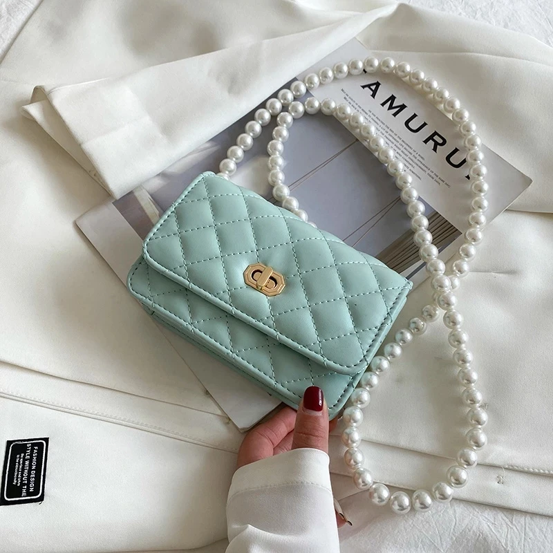 

2021 Summer Luxury Pearl Belt Girls Shoulder Bag Mini PU Leather Crossbody Bags for Women, 5 colors