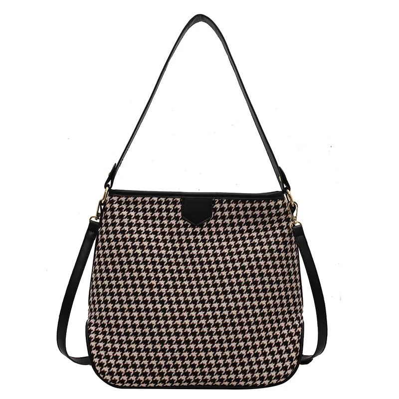 

Fashion houndstooth ladies shoulder bag hit color trend casual handbag PU woolen bucket elegant temperament messenger bag