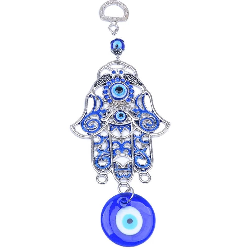 

Alloy Hamsa Wall Hanging Linked Blue Evil Eye Pendant Talisman for Car and Key Chain