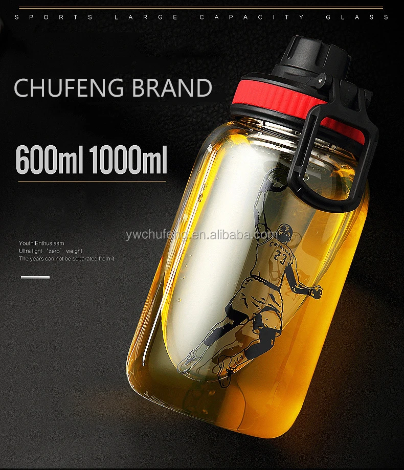 1000ml Portable Crystal Gym Sports Glass Bottle Water Drink Bottle With