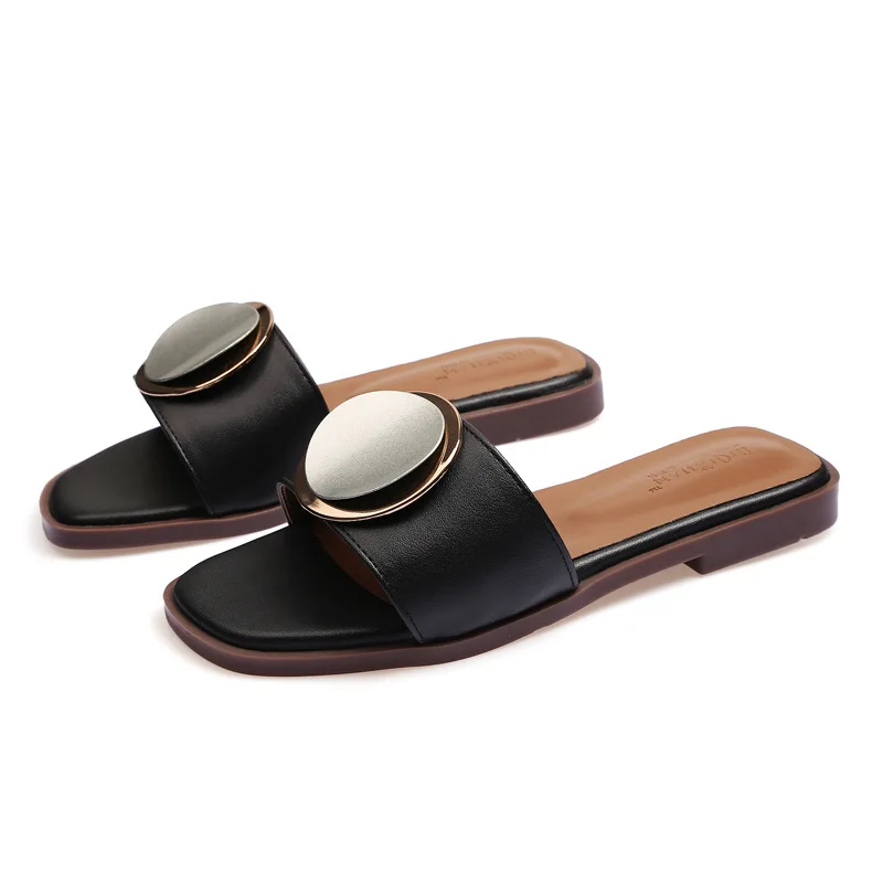 

2020 summer new round bead metal buckle flat women sandles square toe women's flat sandals slippers, Customized color
