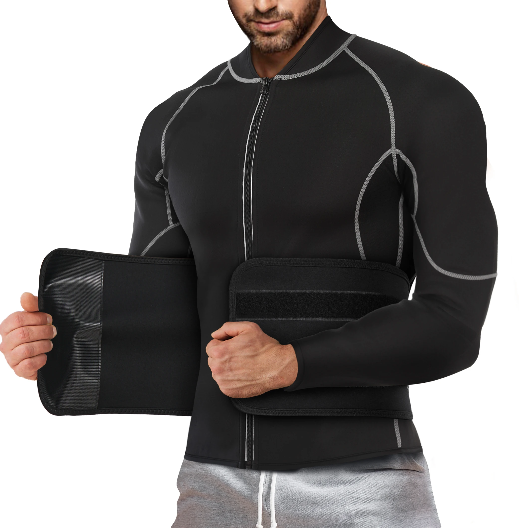 

Wholesale Sweat Sauna Suits Men Shape Wear Slimming Zipper Waist Trainer Double Compression Sport Men Fitness Sauna Suit, Black,