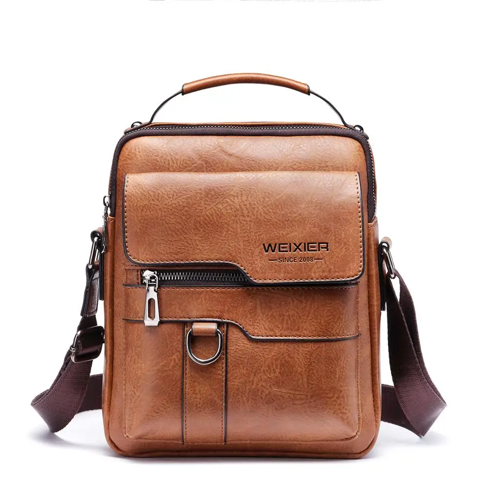 

WEIXIER Waterproof PU leather Business Casual Fashion shoulder Sling Bag Men Satchel Messenger Bag, Light brown / black / dark brown