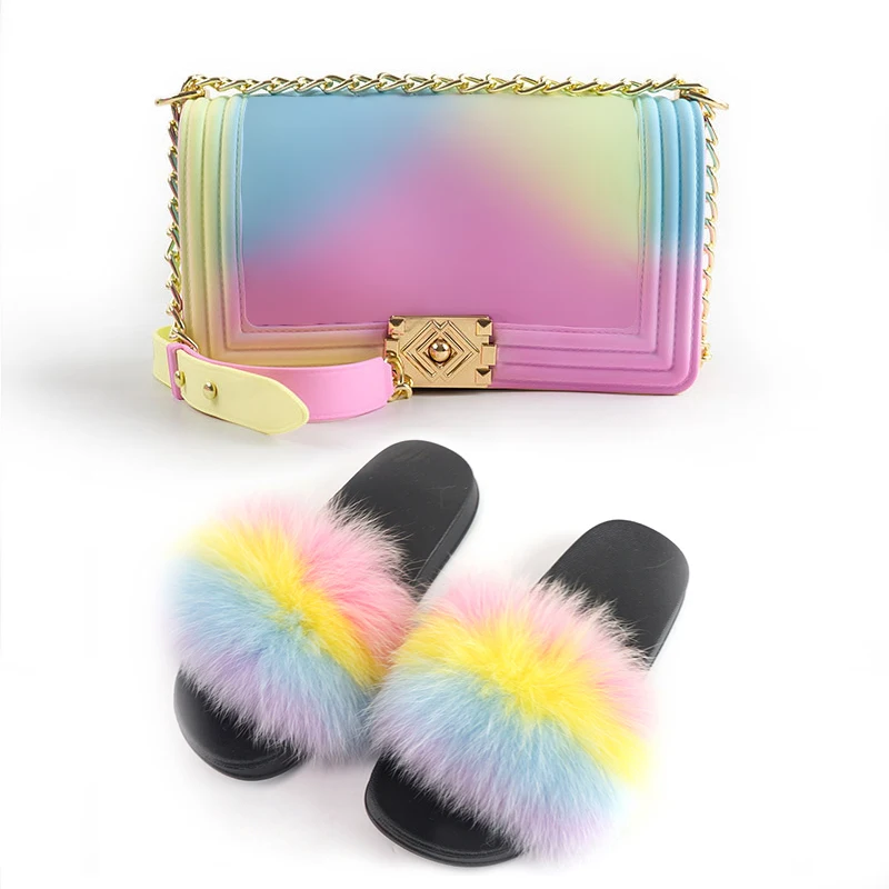 

women shoes 2021 purses handbags women fur slides bags handbag match real fox fur slides ladies jelly pvc bag silicone bag, Rainbow pink or other