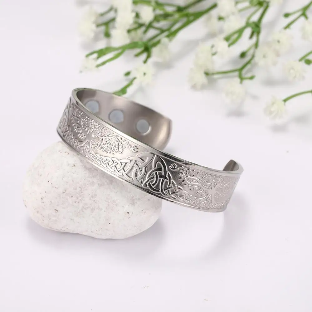 

Viking Bangles Endless Love Knots Tree of Life Birds Stainless Steel Cuff Magnetic Bangle Therapy Health Bracelets Men Jewely, Steel color