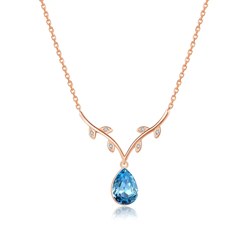 

new trendy jewelry rose gold plated 925 sterling silver blue rhinestone drop diamond pendant necklace with crystal
