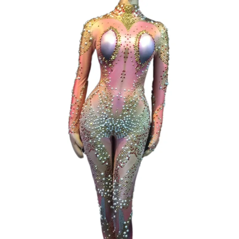 

Fashion Pink Spandex Pearls Rhinestones One Piece Jumpsuit Women Show Stage Performance Wear Club Dance Jumpsuits Playsuits