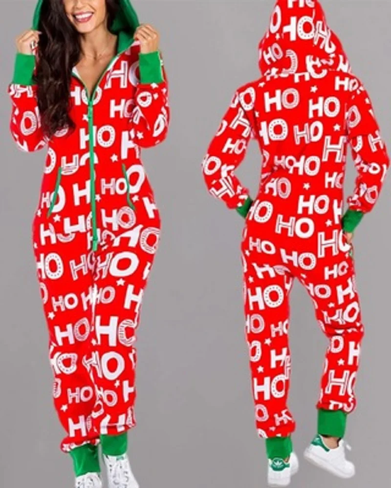 

2020 Fashion Lady casual Winter Christmas print hooded long sleeve one piece women jumpsuit