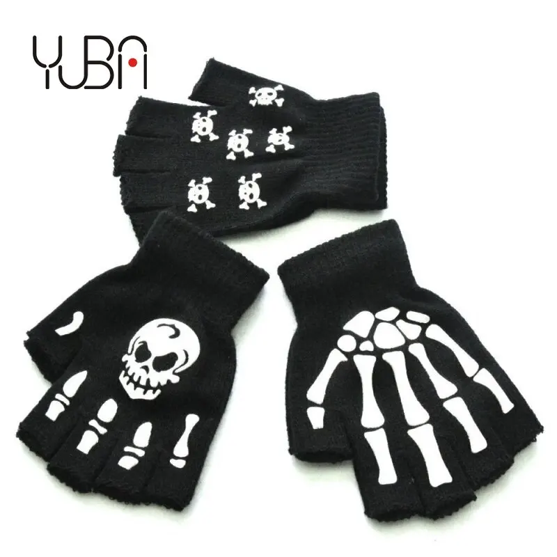 

UnisexAdultHalloweenSkeletonSkullHalfFingerGlovesGlowintheDarkFingerlessStretchKnittedWinterMittens