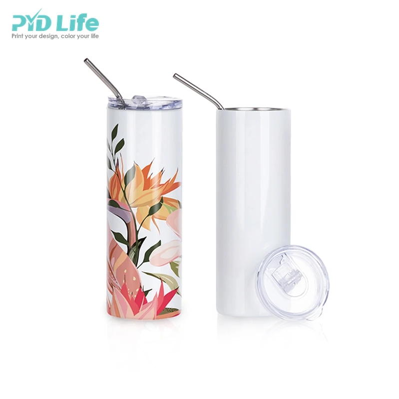 

PYD Life Wholesale Sublimation 20 oz Custom Logo Double Wall Tumbler Straight Skinny Cups Blank Sublimation Tumbler with Straw, White