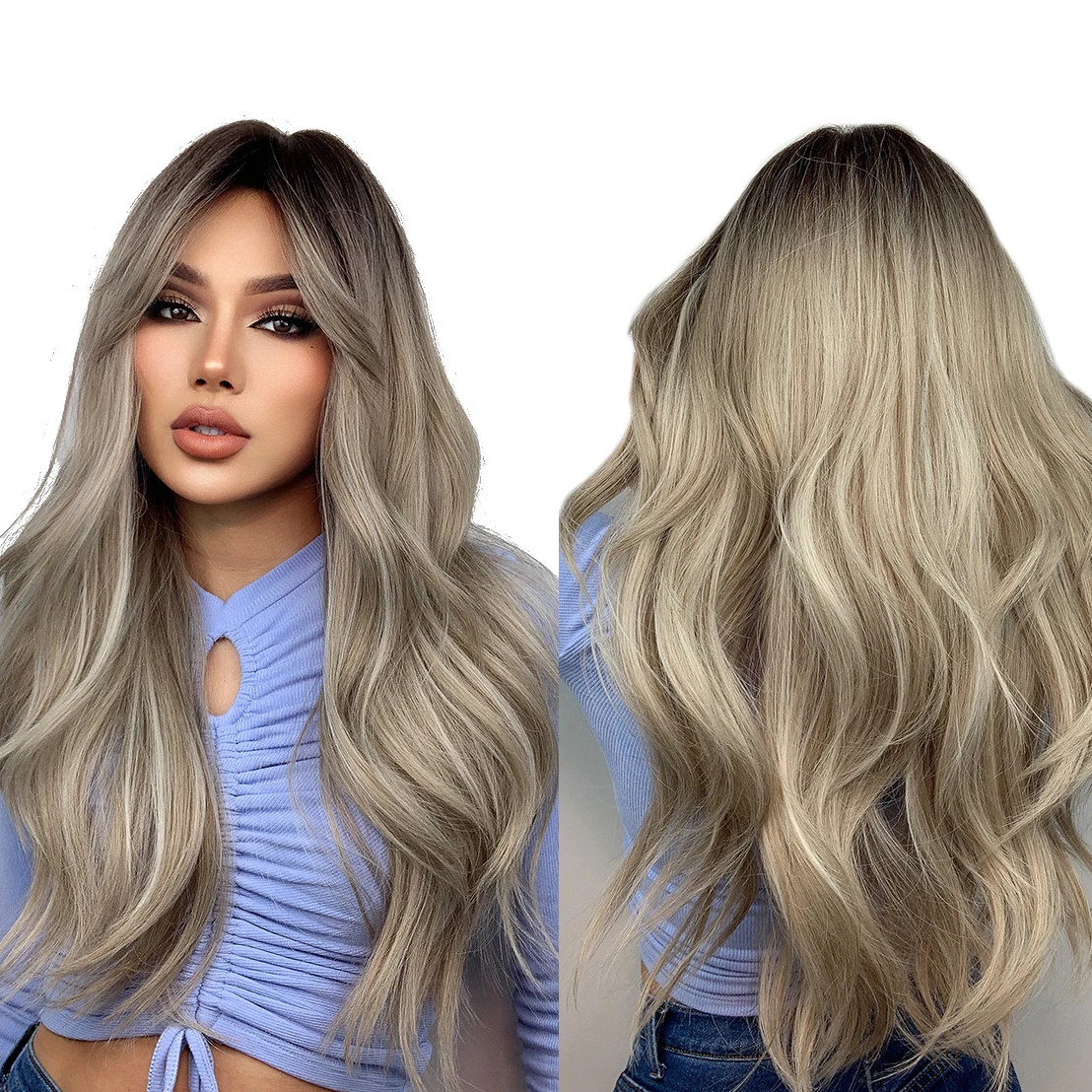 Fast Delivery Long Wavy Black Brown Gray Ash White Ombre Synthetic Wig with Bangs Wig Heat Resistant Hair