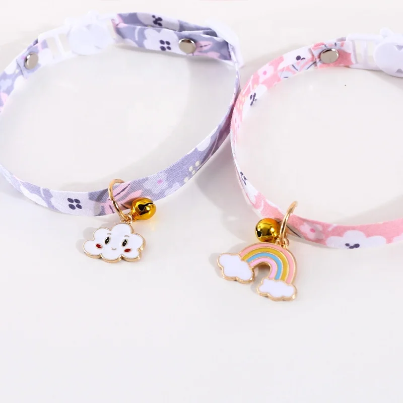

2021 Summer New Pink Purple Printing Cotton Pet Collars Cat Dog Colorful Cloud Bell Pendant Accessories Necklace Harness Chain