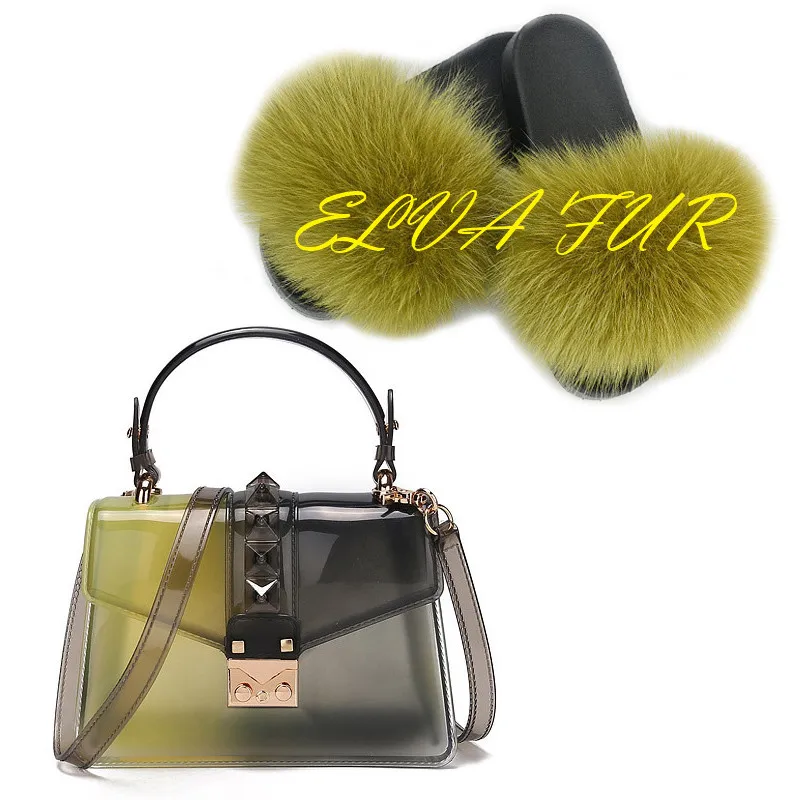 

2020 ELVA FUR luxury branded logo personalized fancy furry fur slides fox fur slippers for girls, Colours