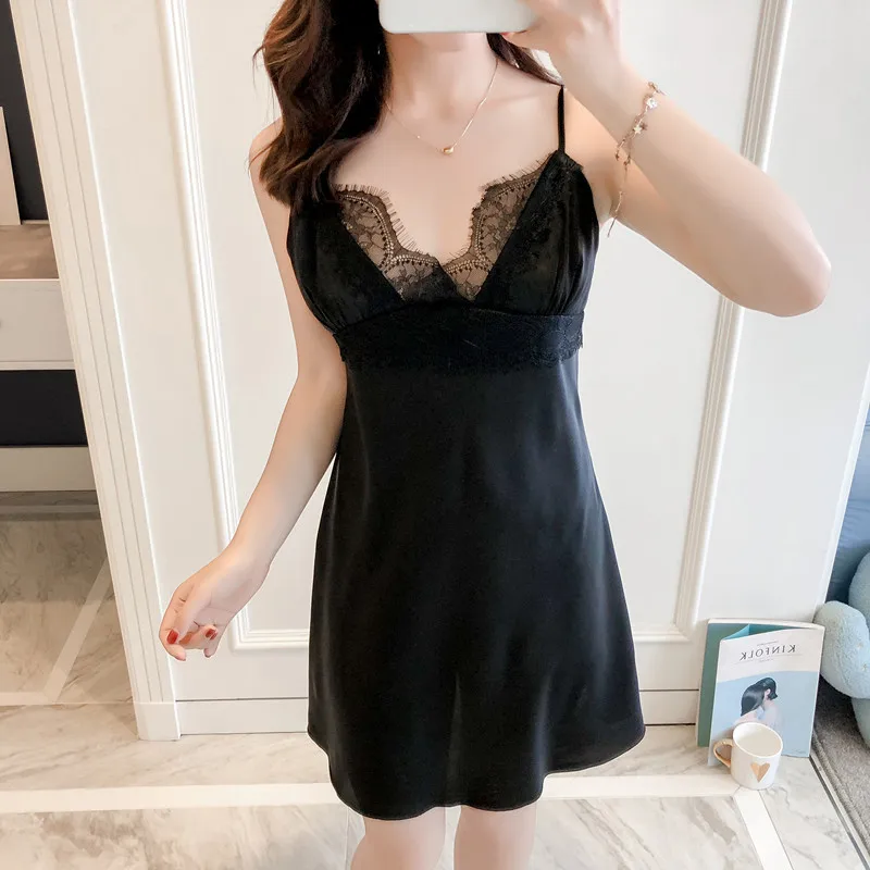 

Newest Ladies V Neck Lace Sexy Sling Sleepwear Dress With Removeable Chest Pad Women Night Satin Pajamas, Black, haze blue, pink, wine red