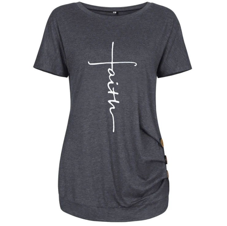 womens faith t-shirt casual short sleeve side button letter