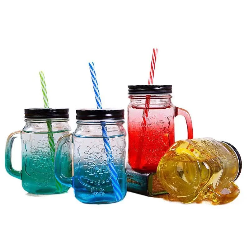 

H-101 Wholesale 16 OZ Drinking Glasses Mason Jars with Handles, lids and hard plastic reusable straws, Customized color