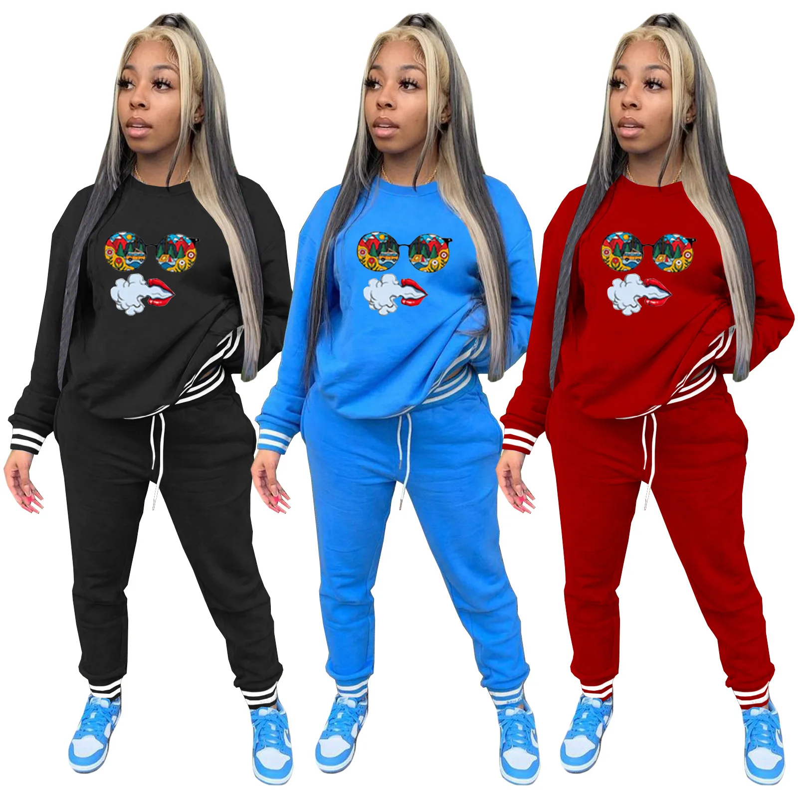 

SZ-8177 Expression Heat Transfer Women'S Thread Drawstring Fashion Woman Sport Wear Suit