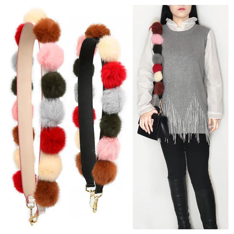 

MeeTee B-S038 New Leather High-quality Fur Ball Shoulder Fashion Messenger Dual-use Bag Strap