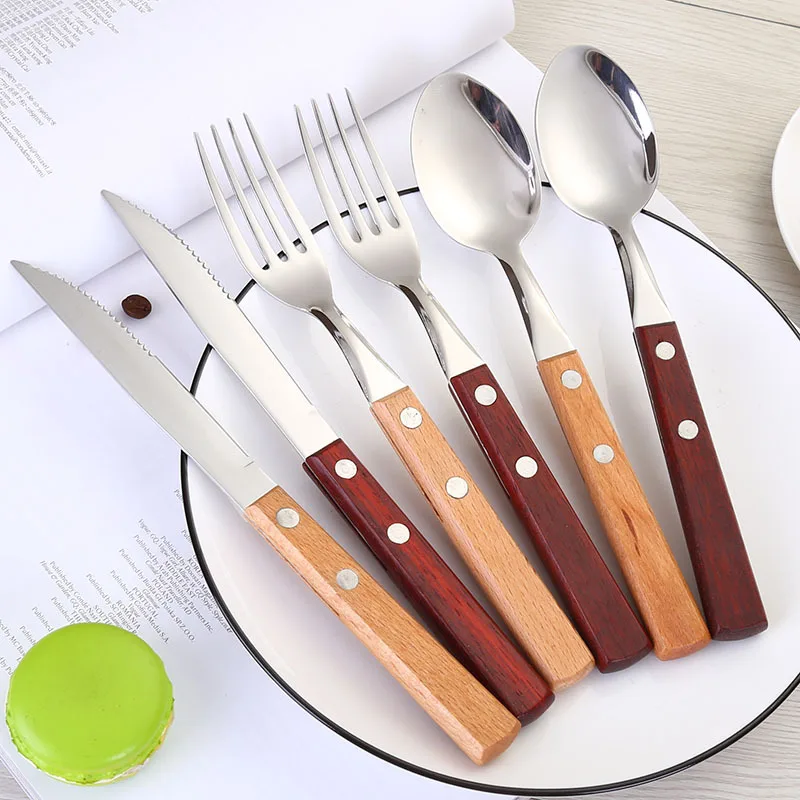 

Wholesale Fashion 304 Stainless Steel Steak Wood Handle Knives Forks and Spoons, Dark coffee/burlywood