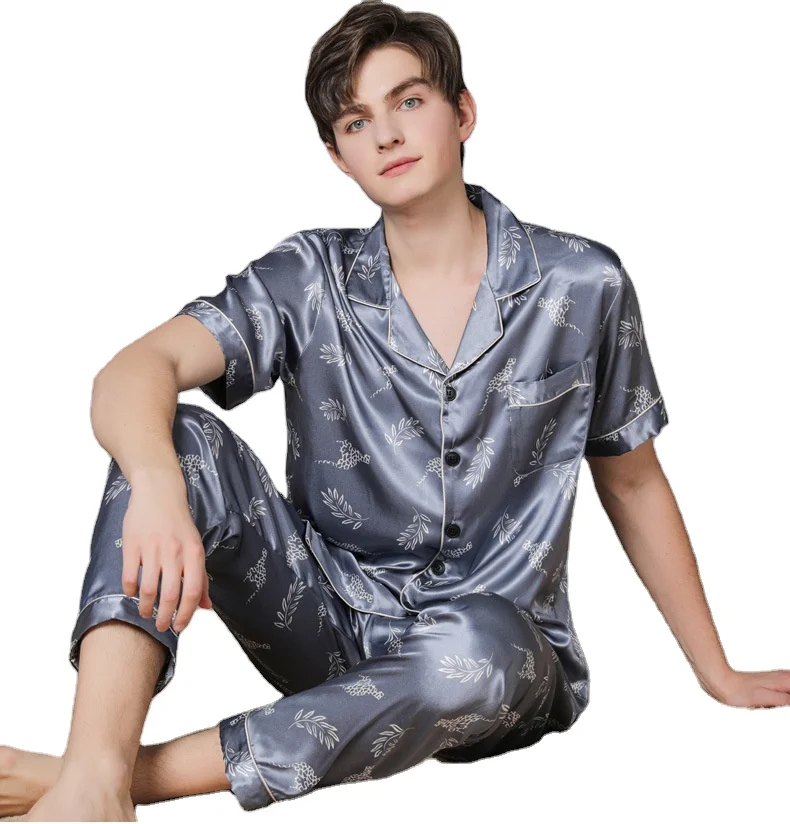 

Wholesales male print sleepwear adults summer home clothes men's silk pyjama pajamas sets, Picture shows