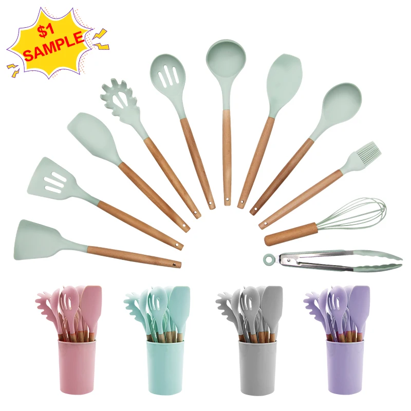 

Custom Logo 12Pcs Silicone Wooden Handle Cooking Gadgets Accessories Tools Kitchen Tool Utensils Set, Customized