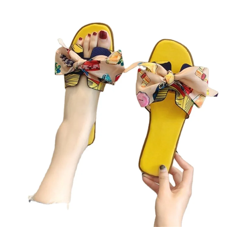 

2021 Ladies' new color ribbon bow slippers, Yellow, gray, color, rose