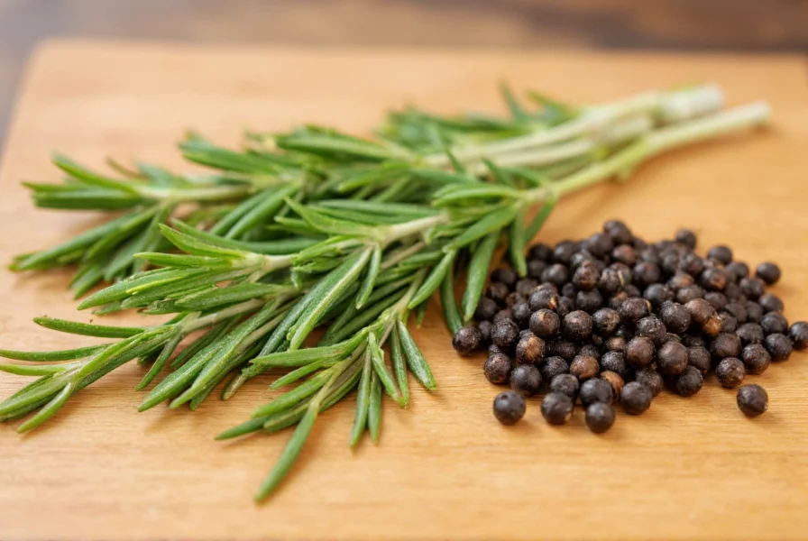 Close-up of fresh rosemary sprigs and black peppercorns side by side on wooden cutting board