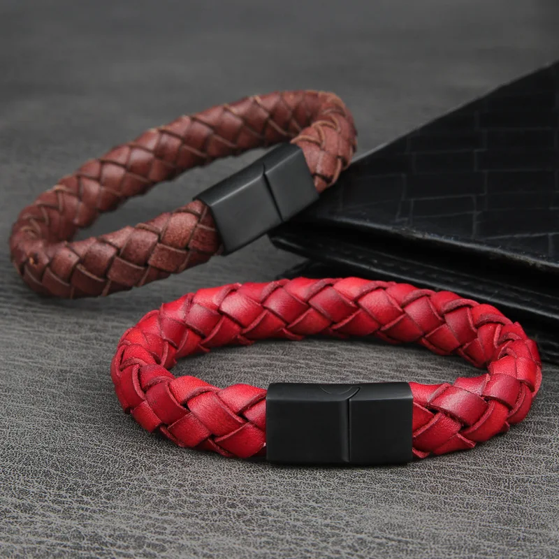 

Bestone Custom Stainless Steel Clasp Leather Wrap Unisex Bracelet New Arrival Mens Black Red Braided Genuine Leather Bracelet